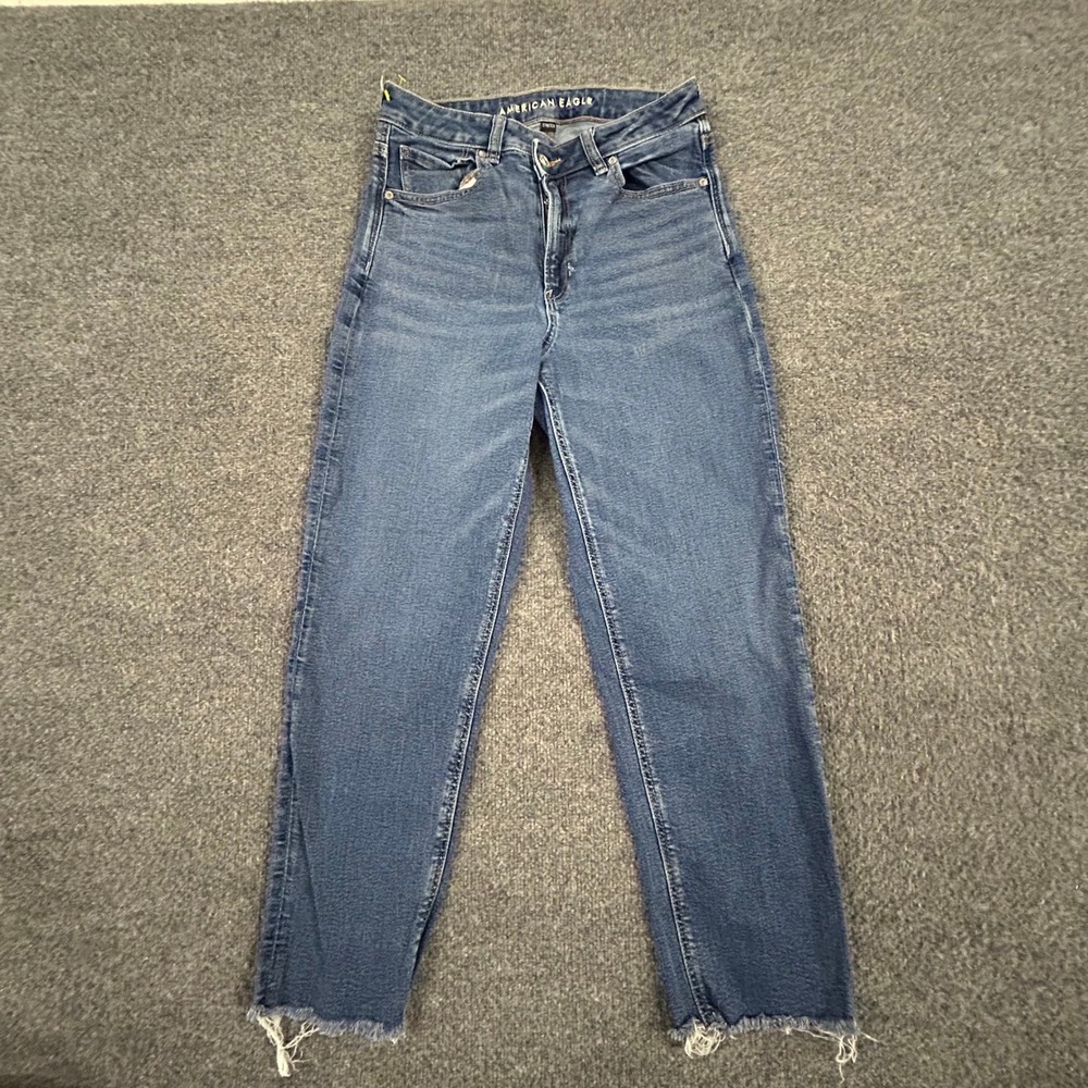 American Eagle Jeans Womens Size 6 Blue Mom High Waisted Raw Hem Stretch Denim